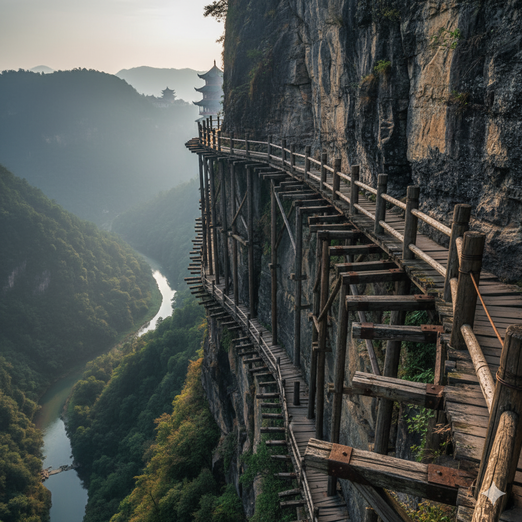 Close-up of ancient wooden beams supporting China Hanging Monastery