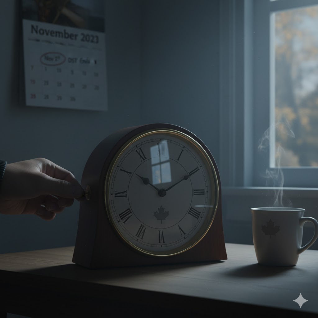 Clock turning back an hour in November symbolizing daylight saving end in Canada 2025. 