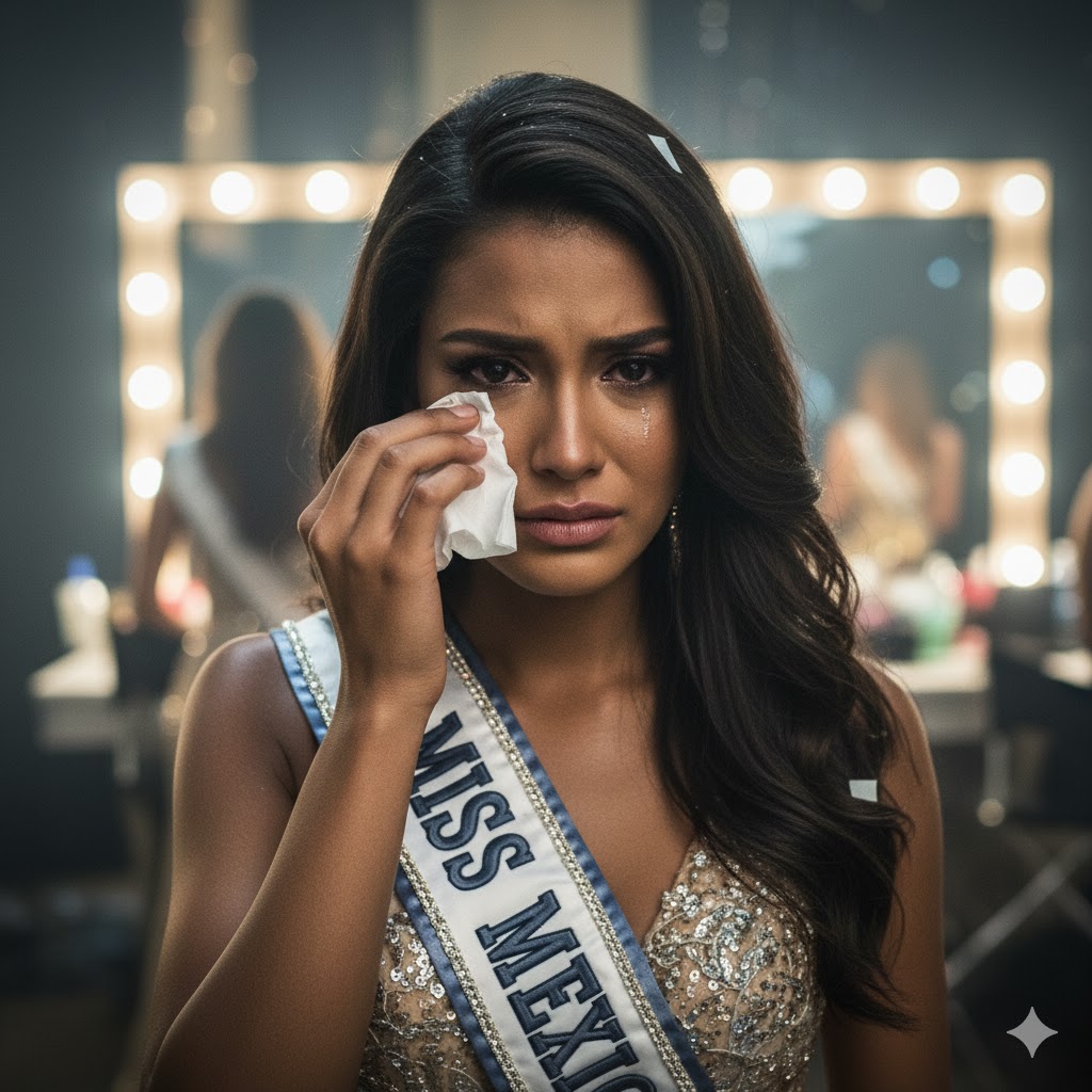 Close-up emotional portrait of Miss Mexico wiping tears backstage. 
