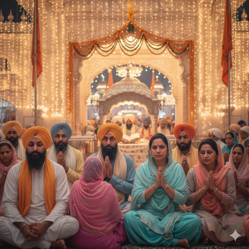 Close-up shot of devotees listening to kirtan at Janam Asthan 