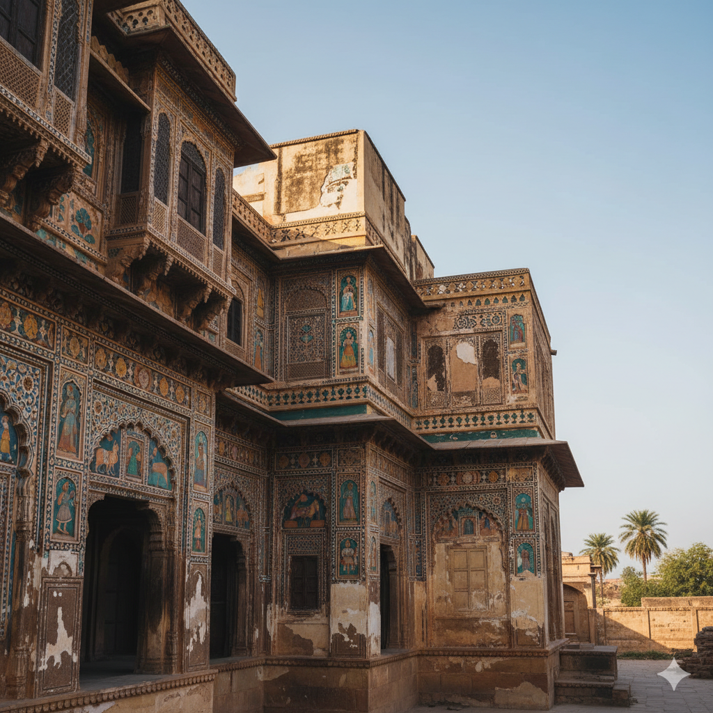 Colorful fresco art on ancient havelis in Shekhawati Rajasthan