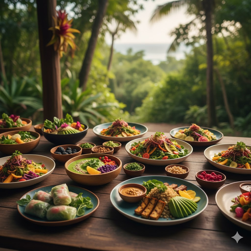 Colorful wellness dishes on a table at a retreat, showcasing plant-based, nutritious meals for women travelers Colorful wellness dishes on a table at a retreat, showcasing plant-based, nutritious meals for women travelers