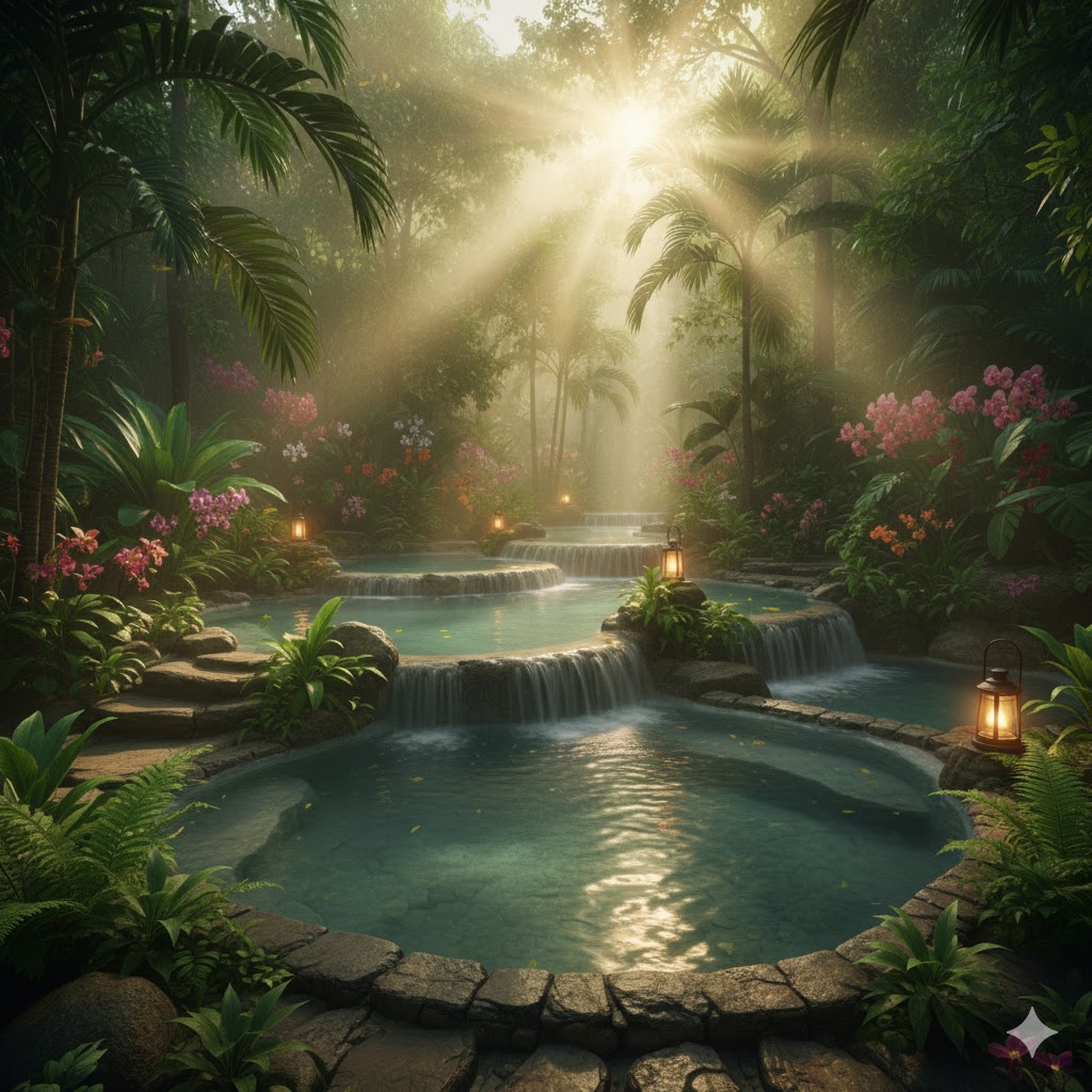 Costa Rica rainforest spa with natural hot spring pools surrounded by green jungle Costa Rica rainforest spa with natural hot spring pools surrounded by green jungle