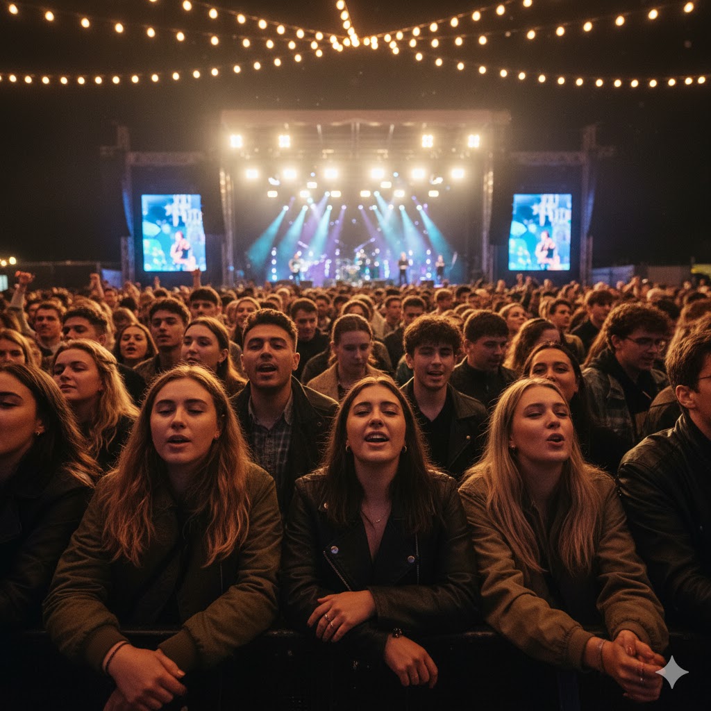 Crowd enjoying live music under ambient lighting during Aesthetica Film Festival 2025.