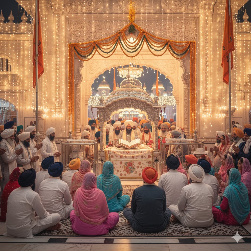 Devotees sitting around the sanctum as the Akhand Path continues during the celebrations 