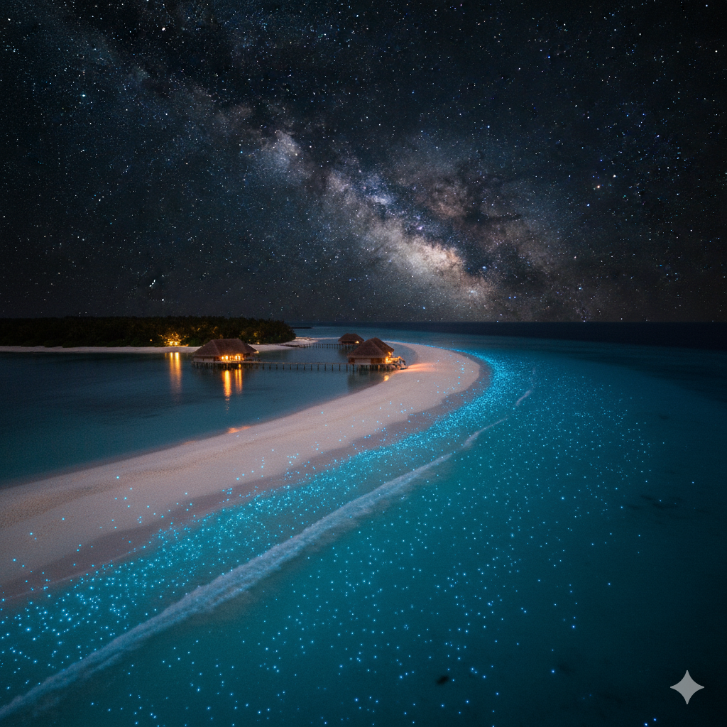 Drone view of Vaadhoo glowing beach and coastline