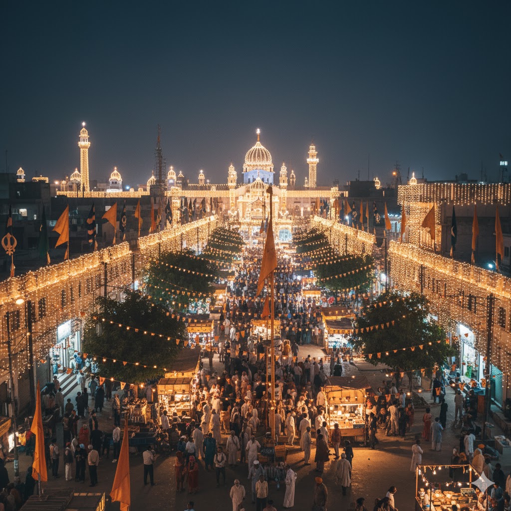Evening view of Nankana Sahib city decorated with lights and flags during the festival season 