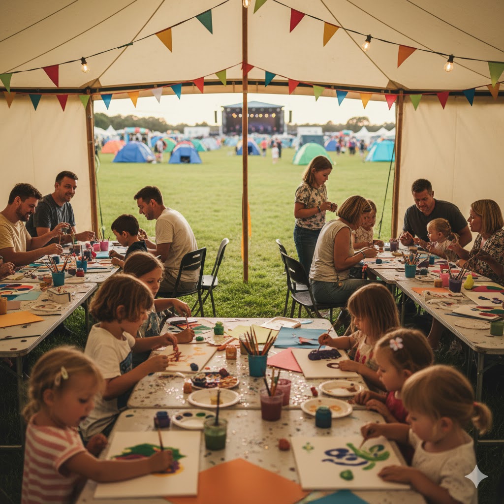 Families enjoying art and craft sessions at Wychwood Festival 2026.