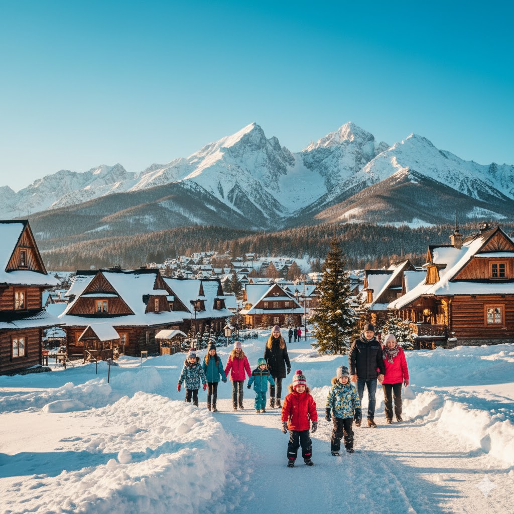 Families exploring snowy Zakopane wooden houses with mountains behind Families exploring snowy Zakopane wooden houses with mountains behind