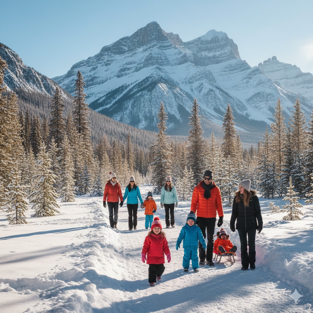 Families walking along snowy Banff trails with mountain peaks in the background Families walking along snowy Banff trails with mountain peaks in the background