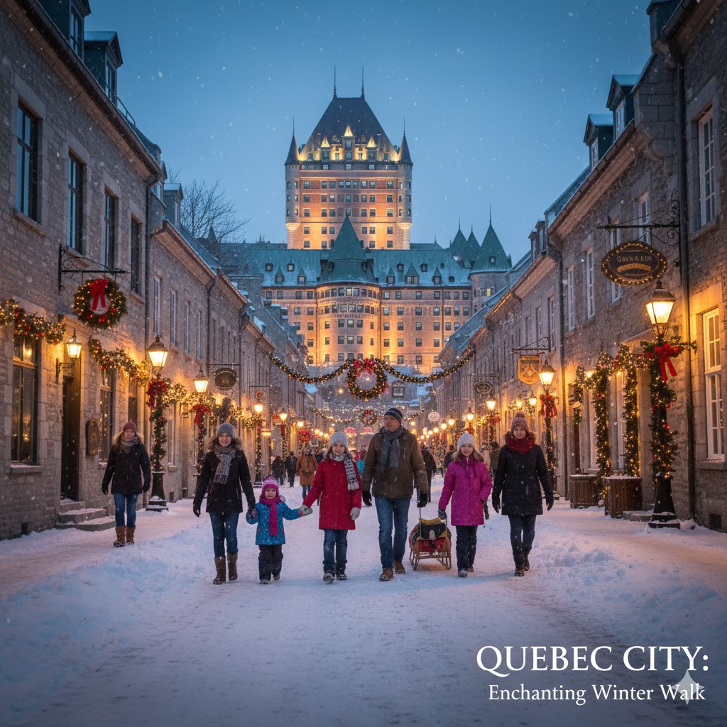 Families walking in Quebec City’s snowy Old Town streets Families walking in Quebec City’s snowy Old Town streets
