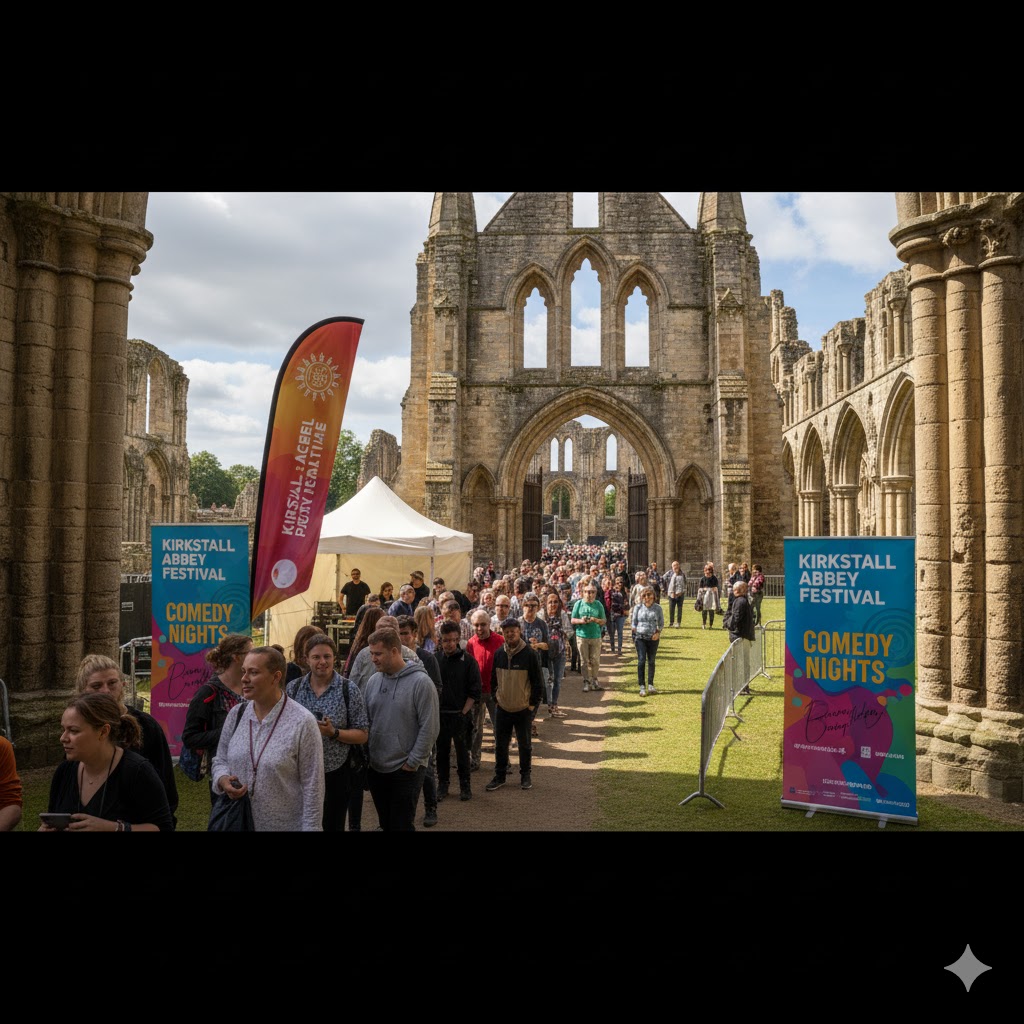 Fans queuing at Kirkstall Abbey entrance with ticket banners in view. Fans queuing at Kirkstall Abbey entrance with ticket banners in view.