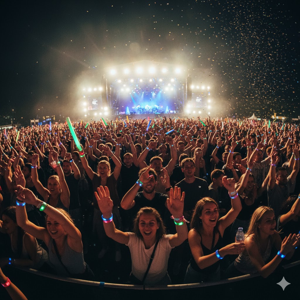 Festival crowd dancing with glowing wristbands during night performances