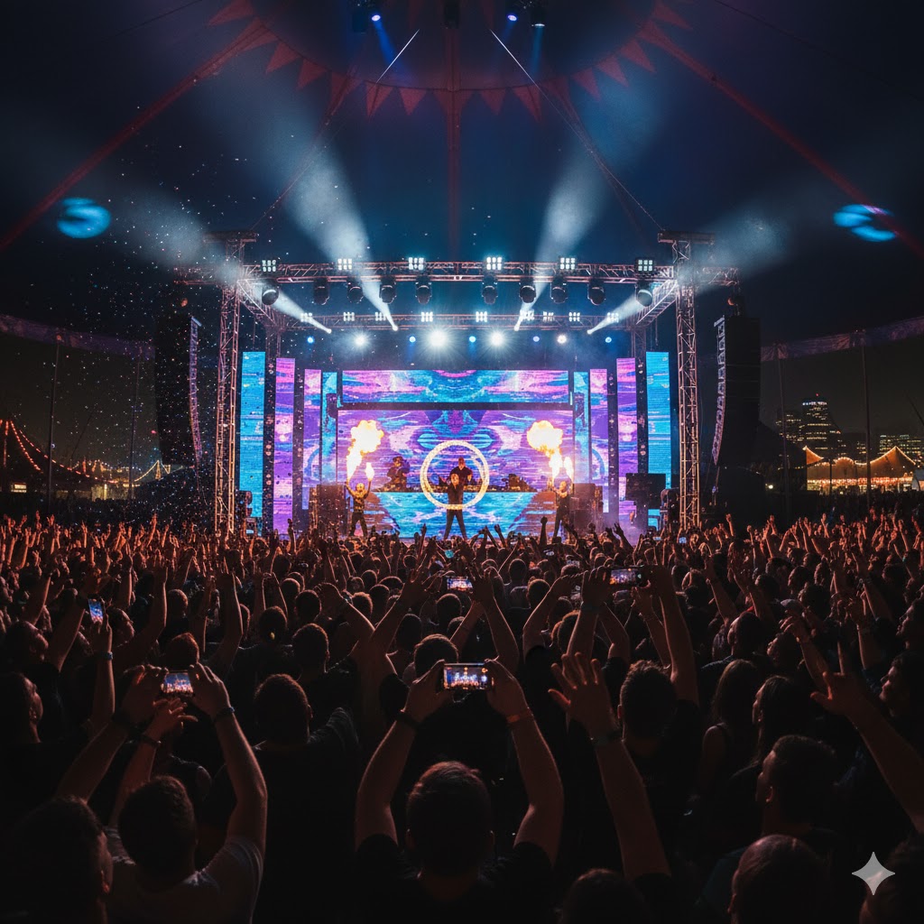 Festival crowd watching live DJ set at Rock N Roll Circus 2026