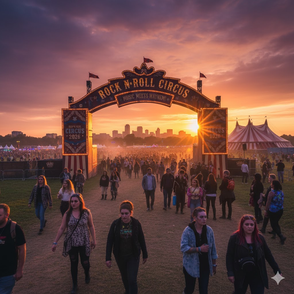 Festivalgoers arriving at sunset at Don Valley Bowl for Rock N Roll Circus
