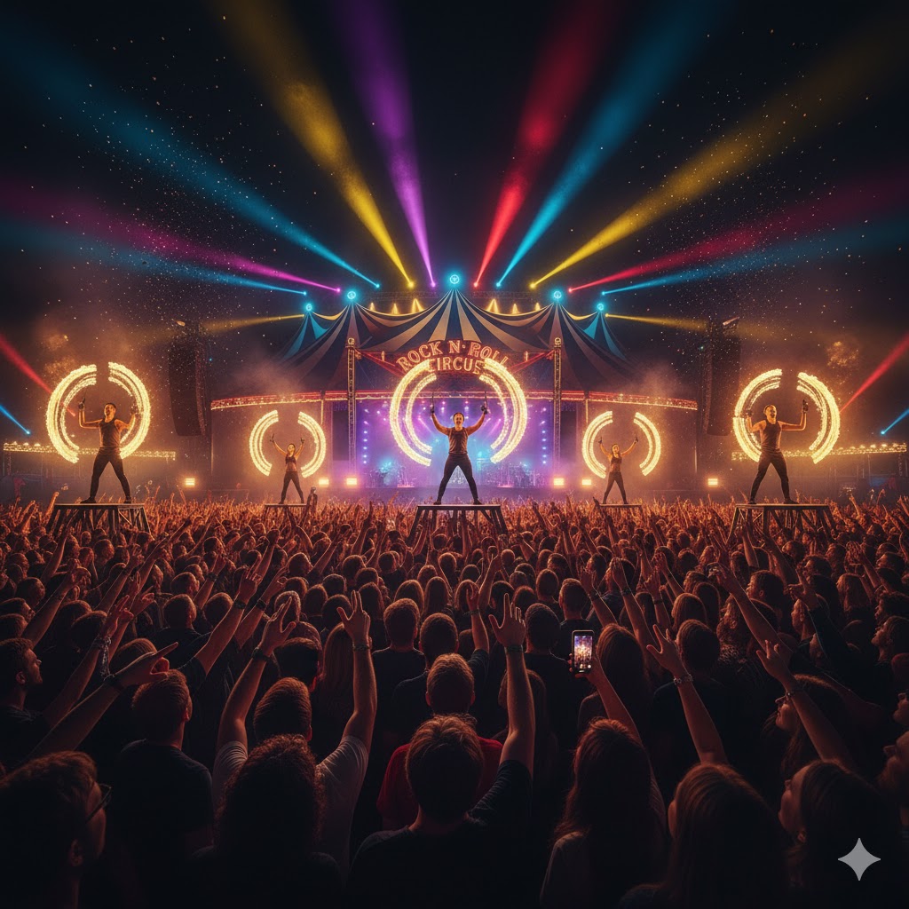 Fire jugglers and a massive crowd under colorful circus lights at Rock N Roll Circus 2026