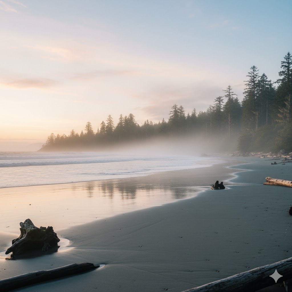 Florencia Bay shoreline at dawn, soft mist rolling across the beach.