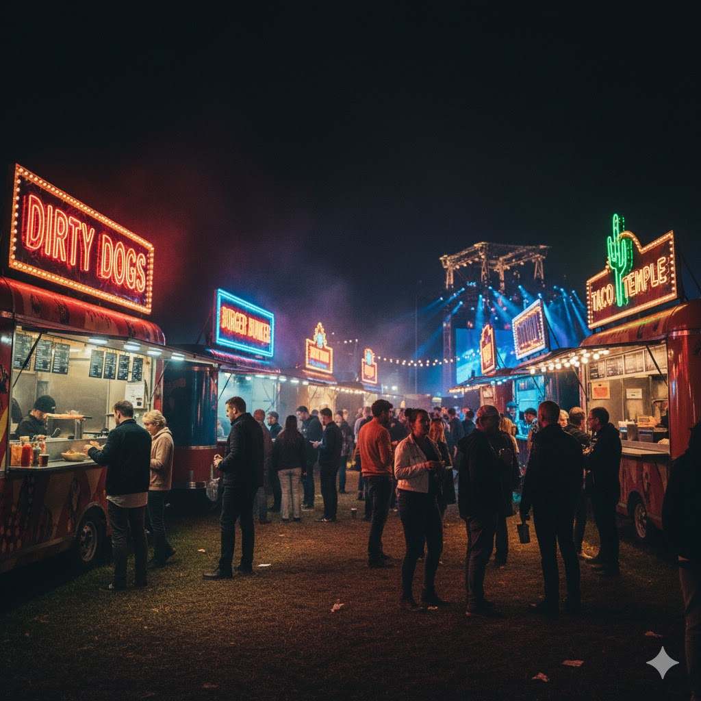 Food stalls with neon signs serving festival snacks at Rock N Roll Circus