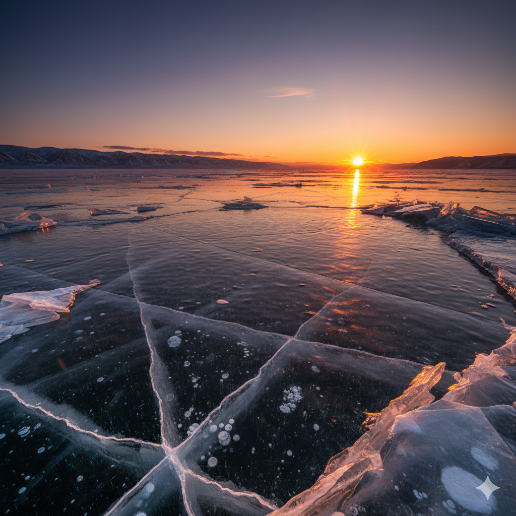 Frozen Lake Baikal reflection sunset Russia