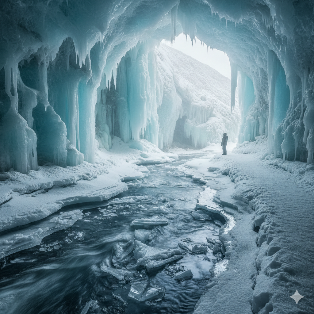 Frozen ice cave Russia river
