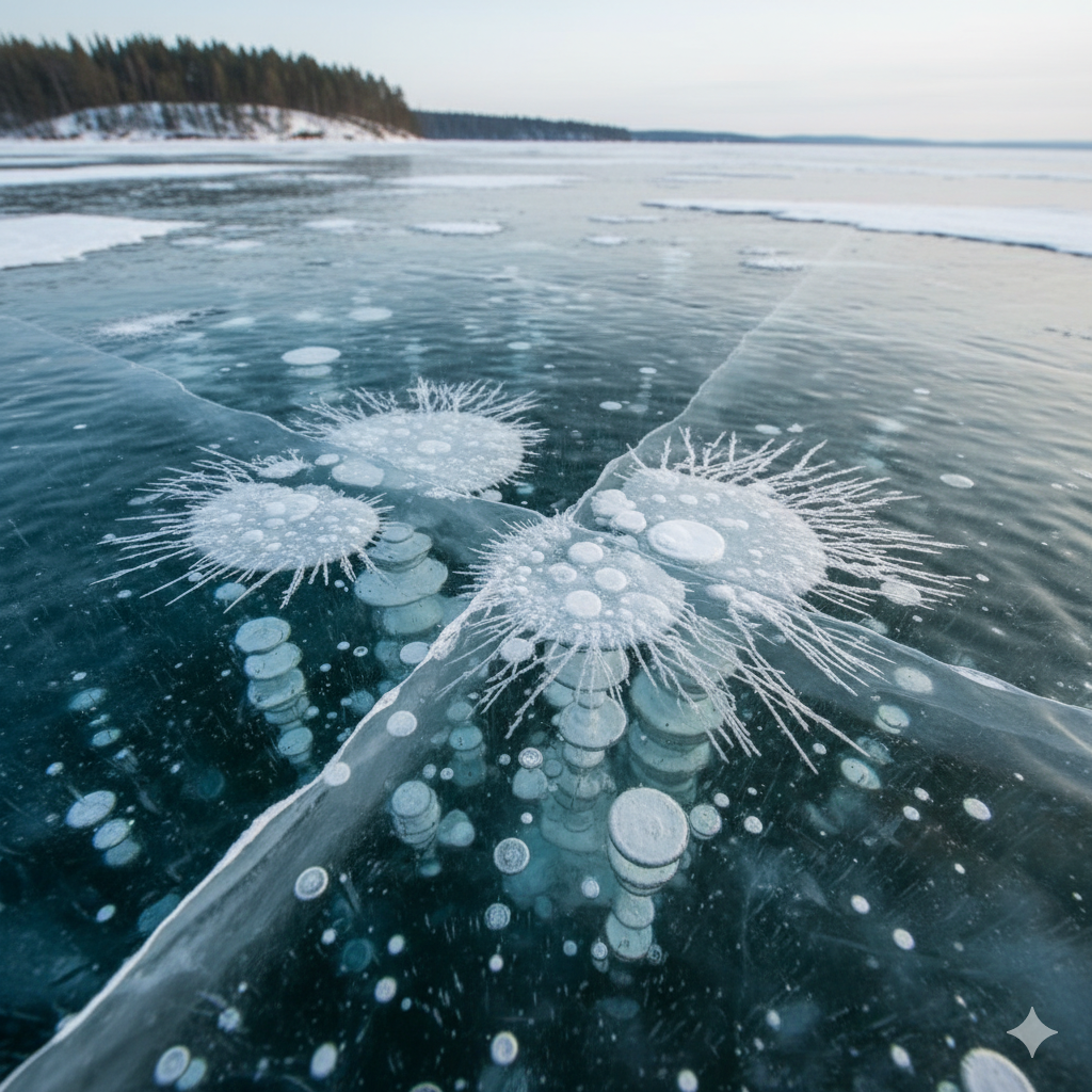 Frozen methane bubbles ice crystal Russia