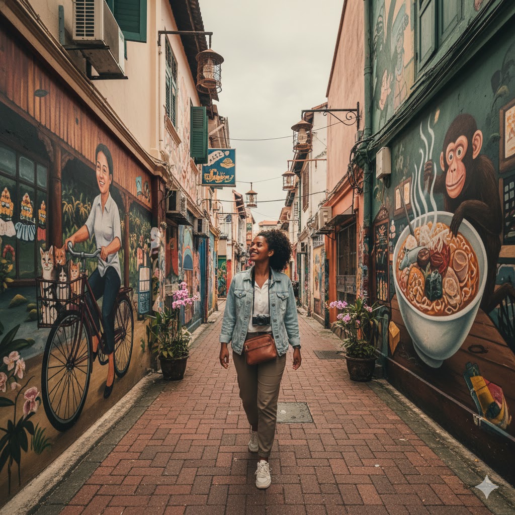 George Town Penang street art alley with colorful murals representing safe and affordable exploration for women