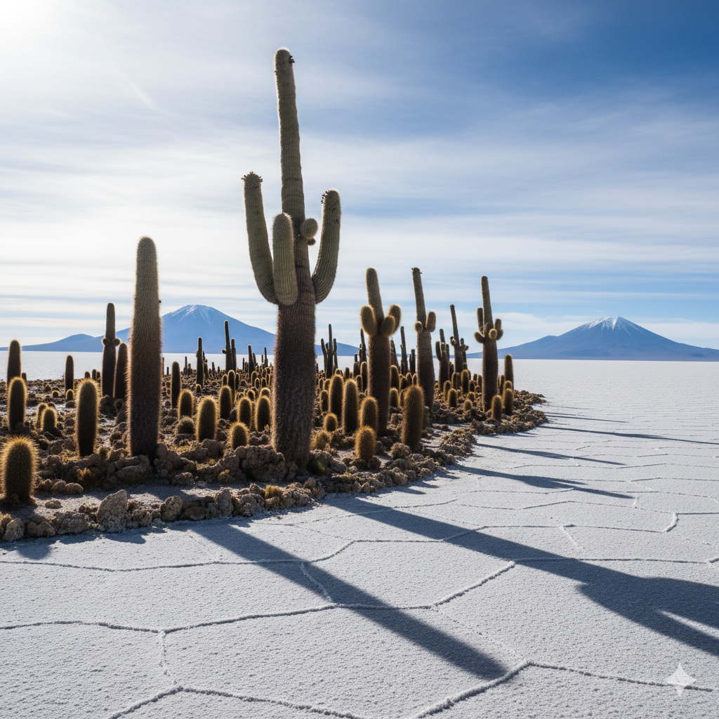 Giant cactus on Incahuasi Island surrounded by white salt desert