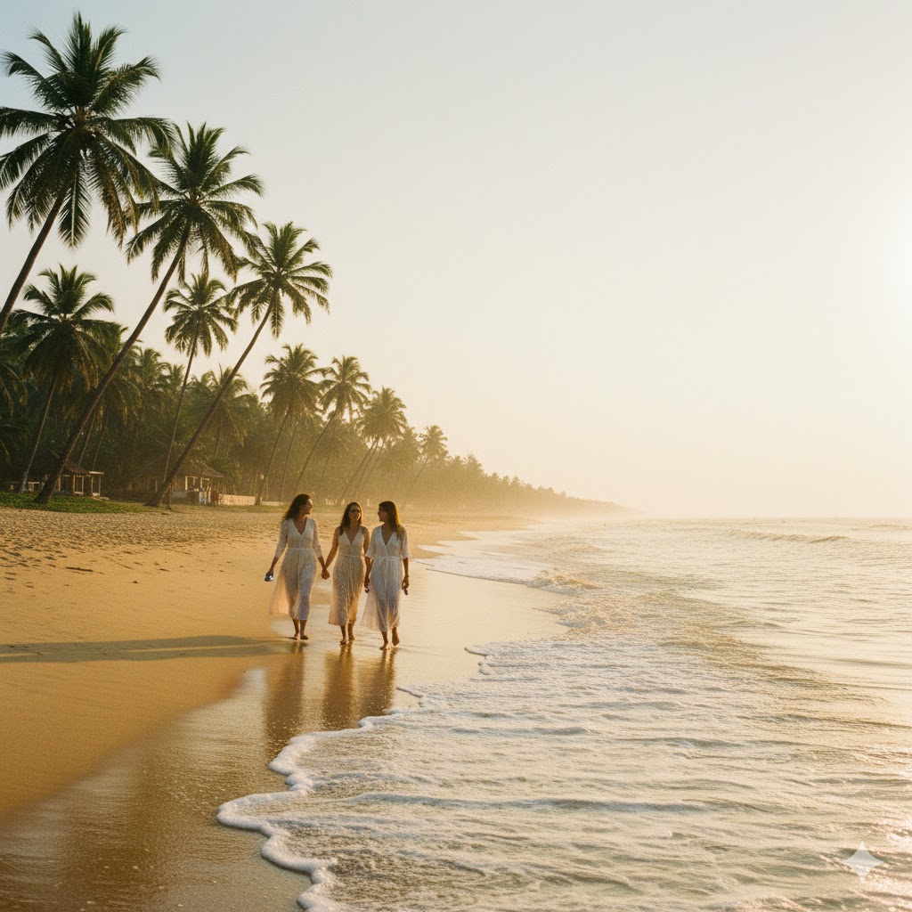 Golden Goa beach with palm trees and calm waves representing safe beach travel for women