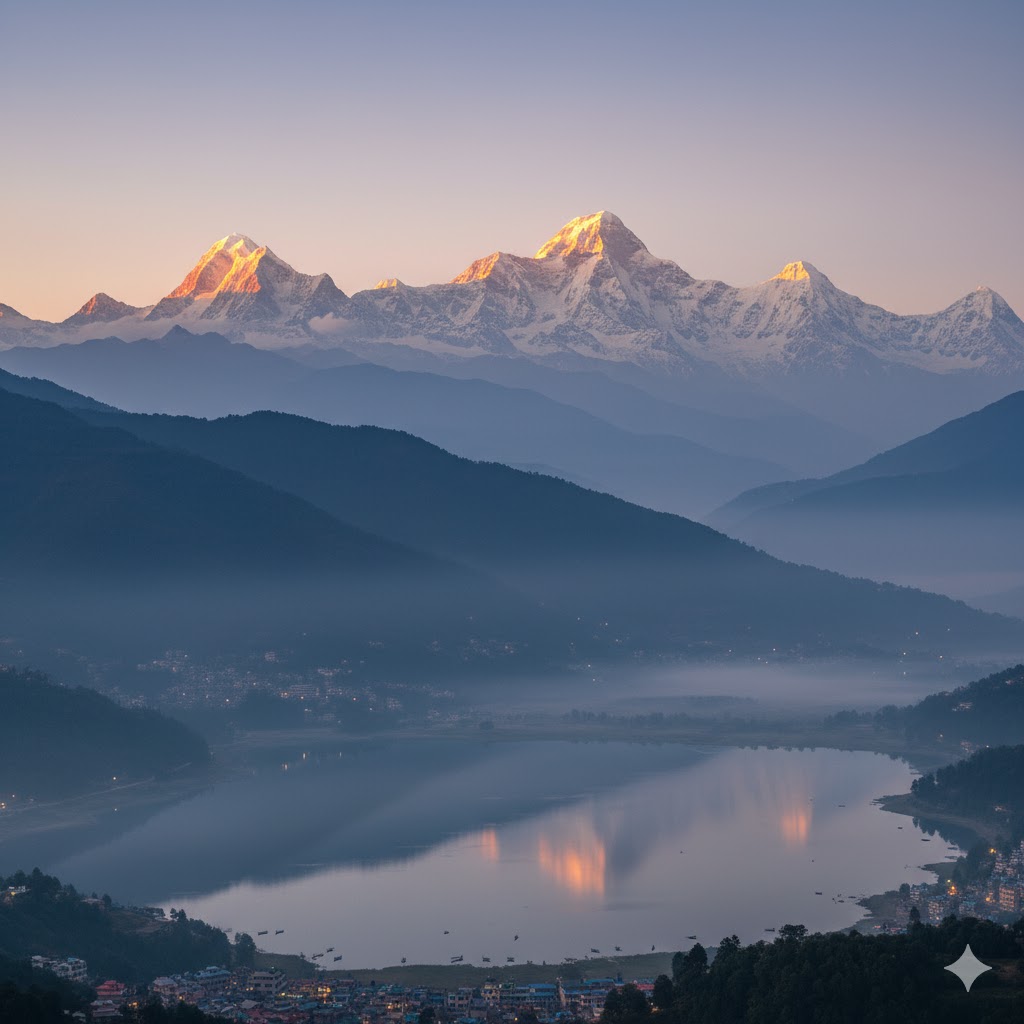 Golden sunrise illuminating the snowy peaks of the Annapurna Himalayas above Pokhara.