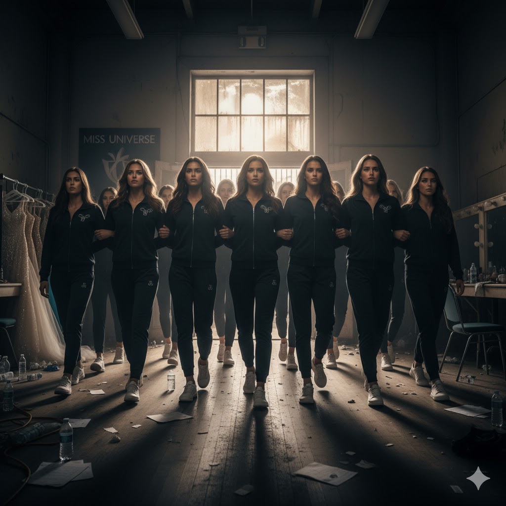 Group of pageant contestants walking out of rehearsal hall together in solidarity.