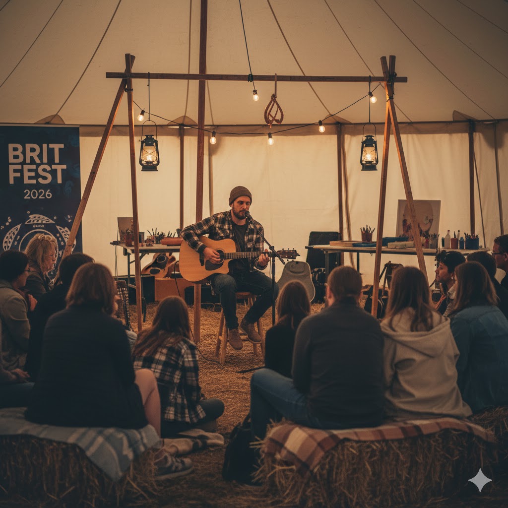 Guest artist giving an intimate acoustic session at Brit Fest 2026 workshop area