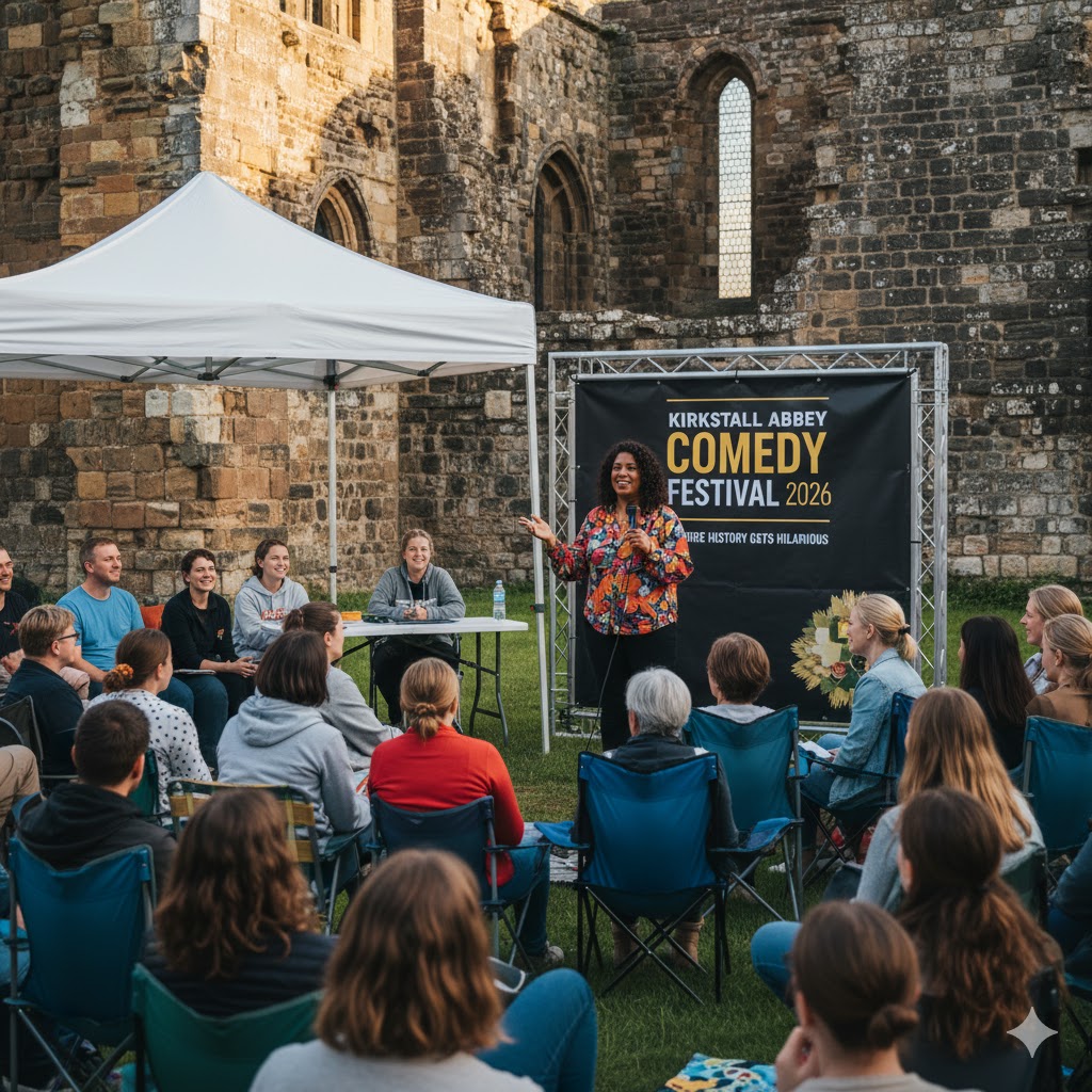 Guest comedian speaking at Kirkstall Abbey Comedy Festival workshop surrounded by fans. Guest comedian speaking at Kirkstall Abbey Comedy Festival workshop surrounded by fans.