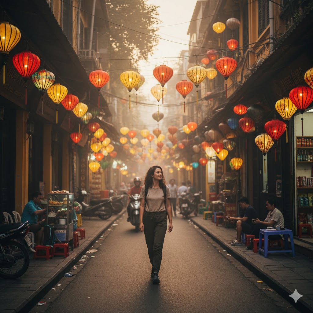 Hanoi Old Quarter with lantern-lit streets representing safe and affordable travel for women