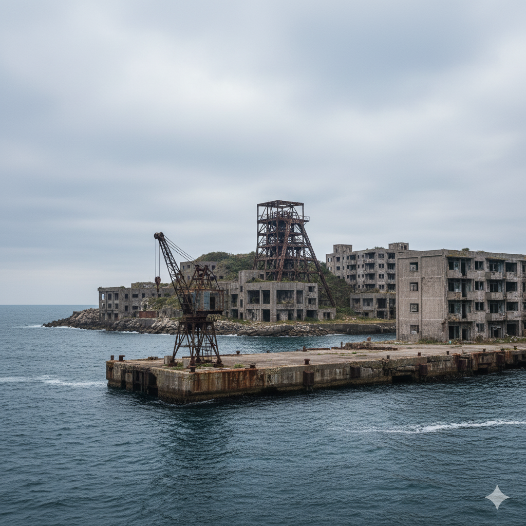 Old mining structures on Hashima Ghost Island in Japan