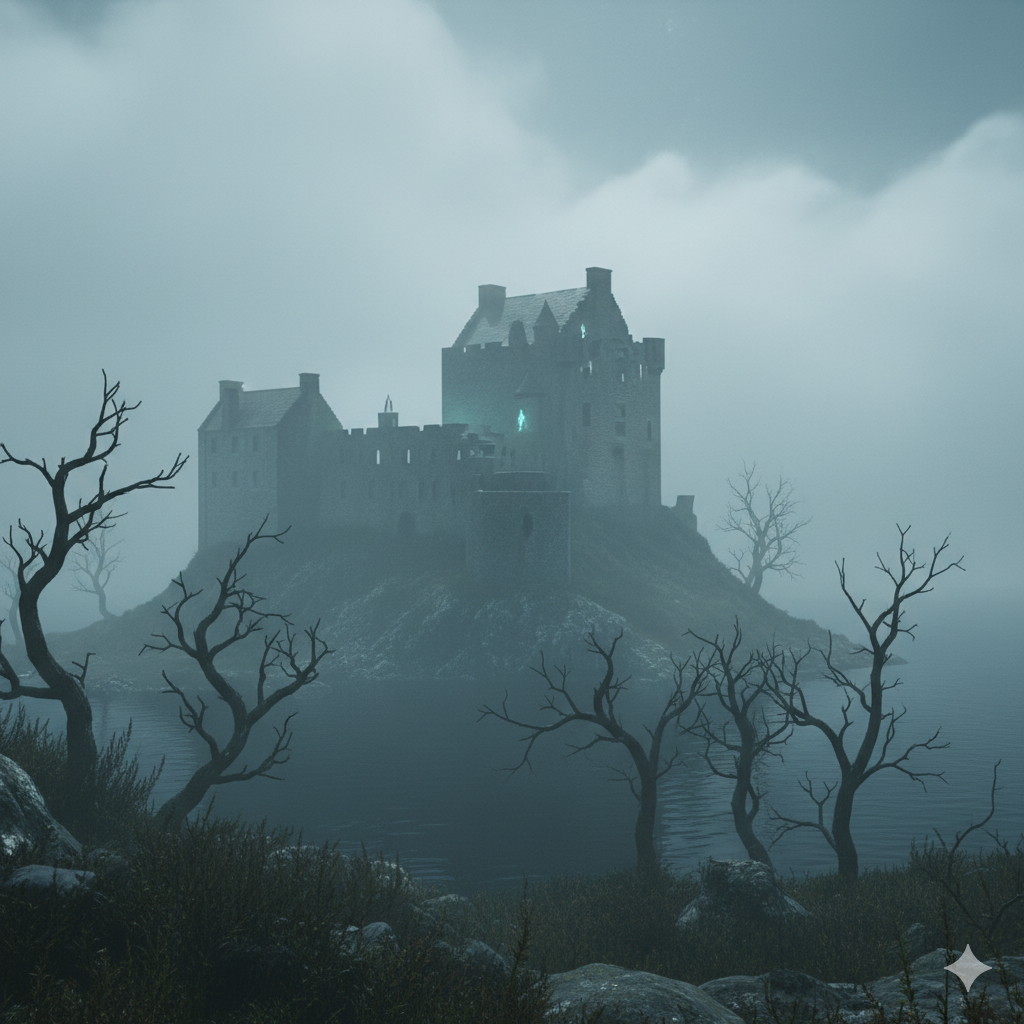 Haunted Scottish castle surrounded by mist