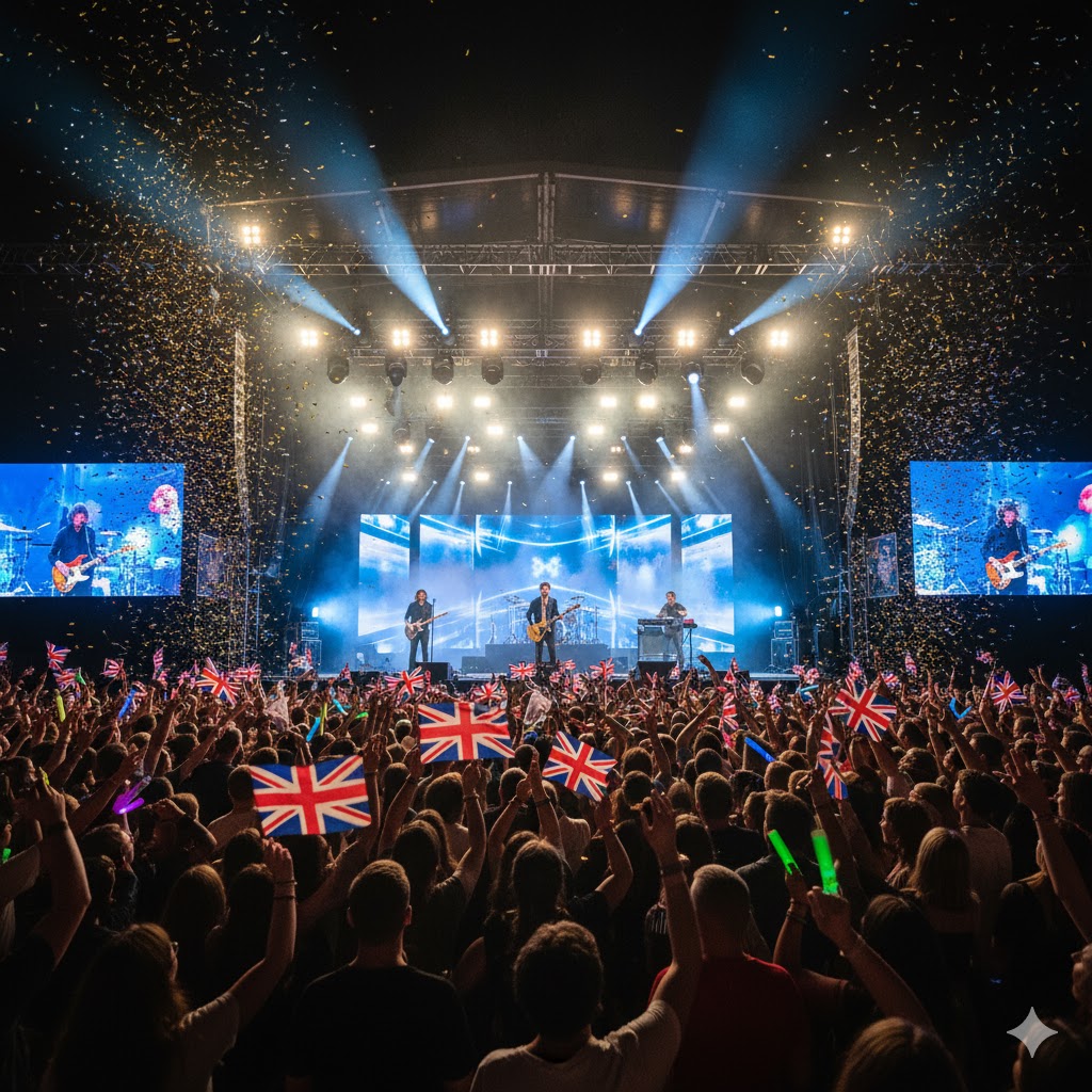 Headliners performing on the Brit Fest 2026 main stage with dazzling lights and waving flags