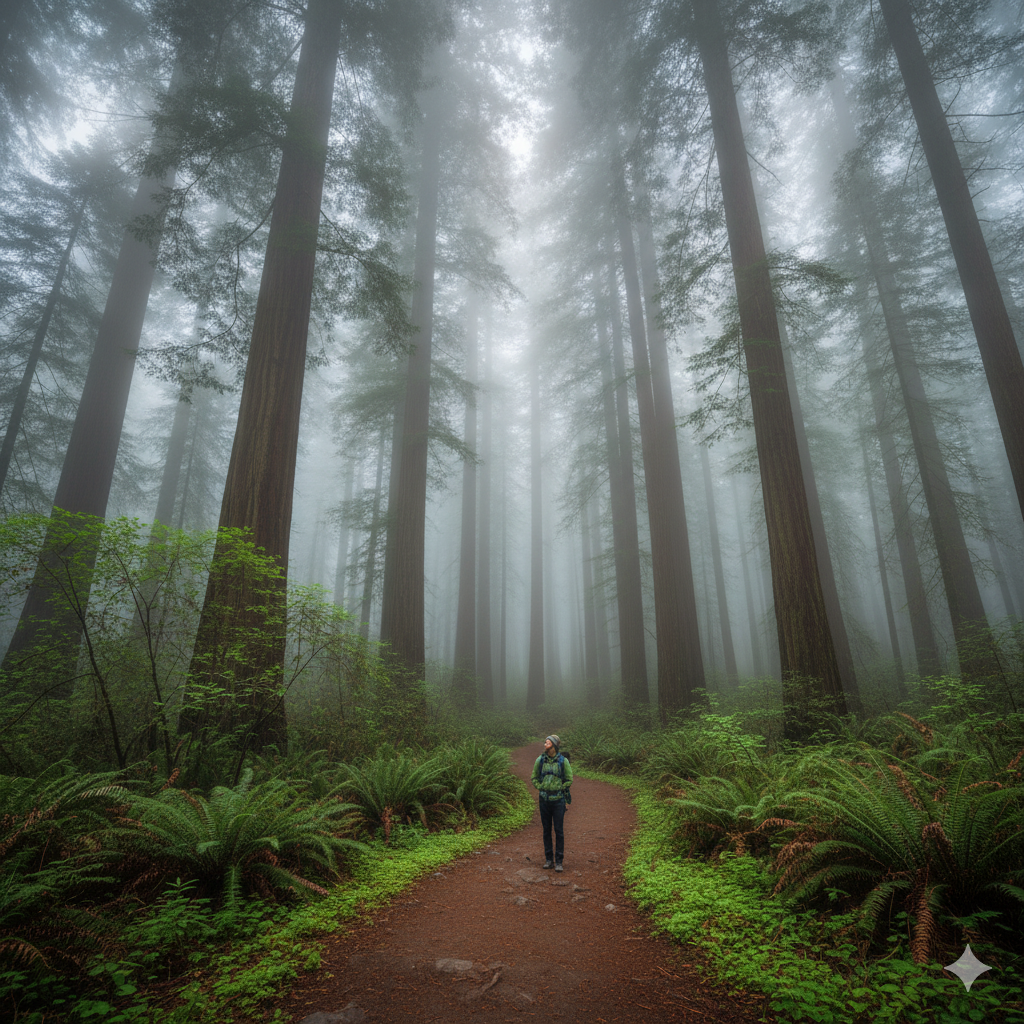 Hiker on a nature trail surrounded by towering redwoods in Redwood National Park