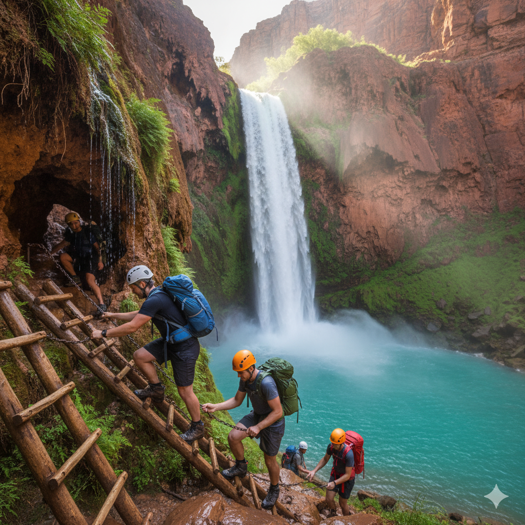 Hikers climbing chain ladder to Mooney Falls in canyon