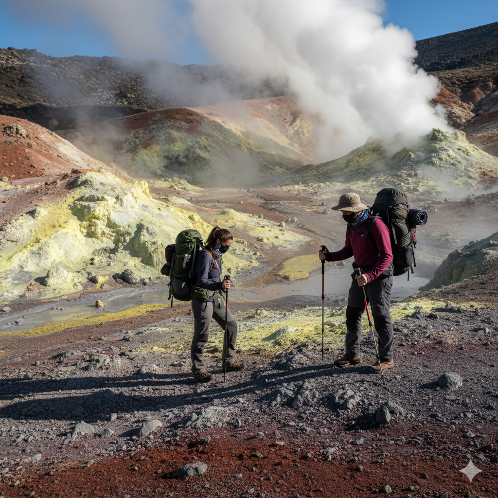 Trekkers crossing sulfur vents on Boiling Lake trail