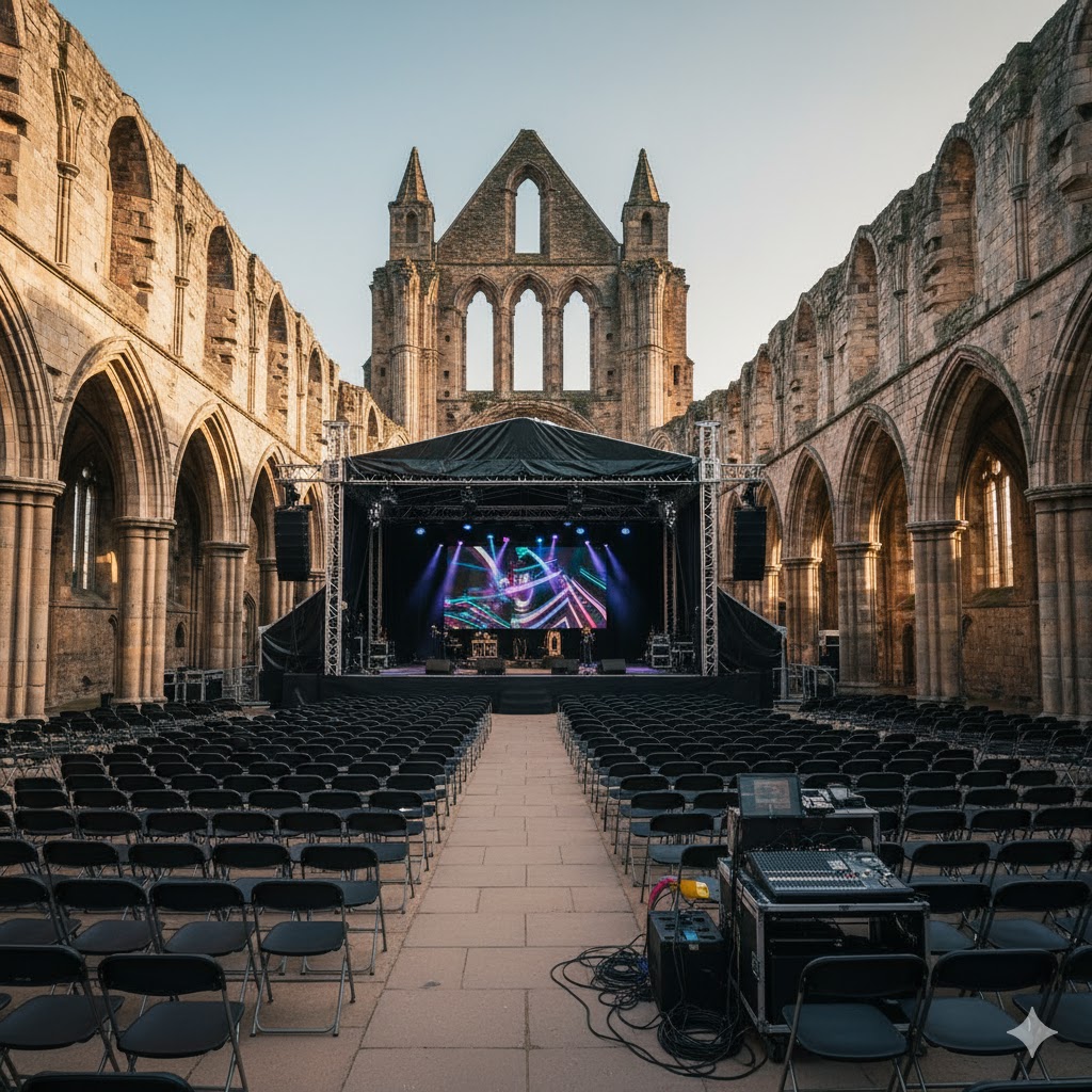 Historic view of Kirkstall Abbey juxtaposed with a modern comedy stage setup during the festival. Historic view of Kirkstall Abbey juxtaposed with a modern comedy stage setup during the festival.