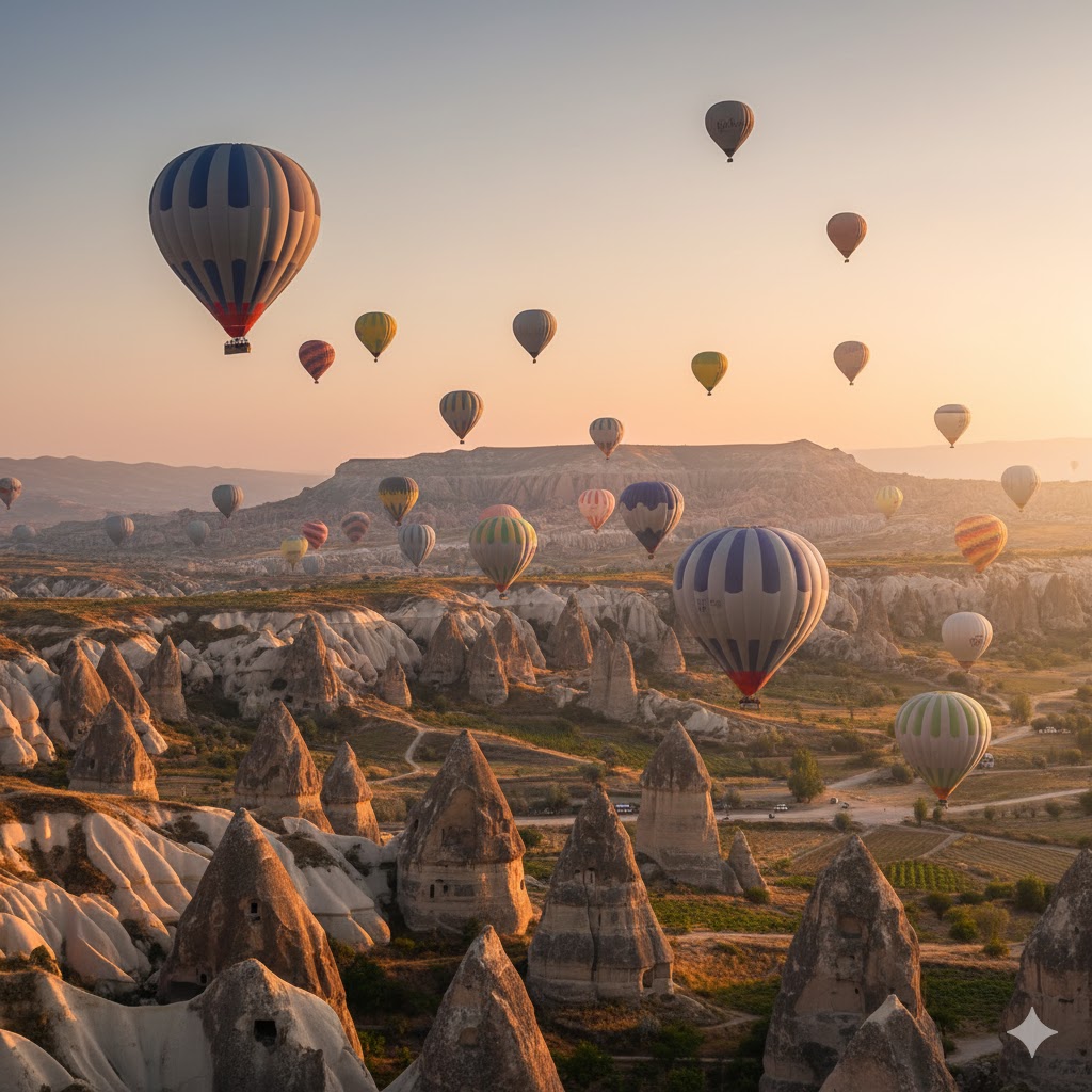 Hot-air balloons rising above Cappadocia at dawn, illuminating valleys of honey-colored stone. 