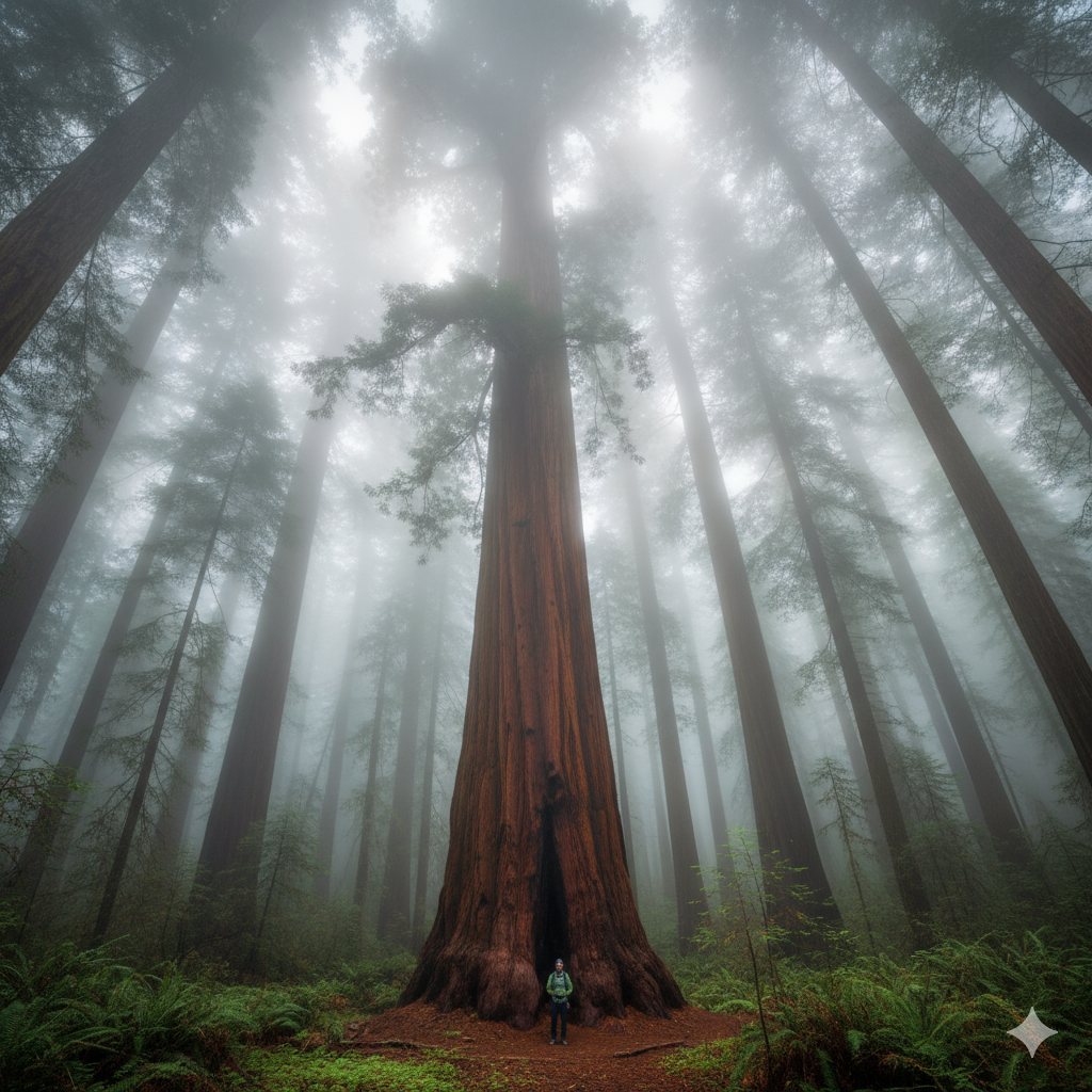 Hyperion, the world’s tallest tree surrounded by misty redwood forest in California