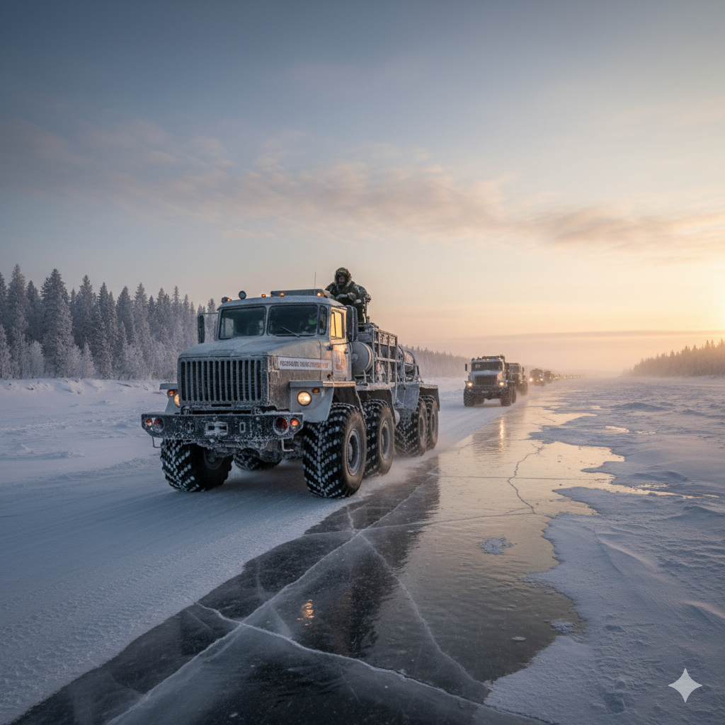 Ice road vehicle frozen river Russia Siberia