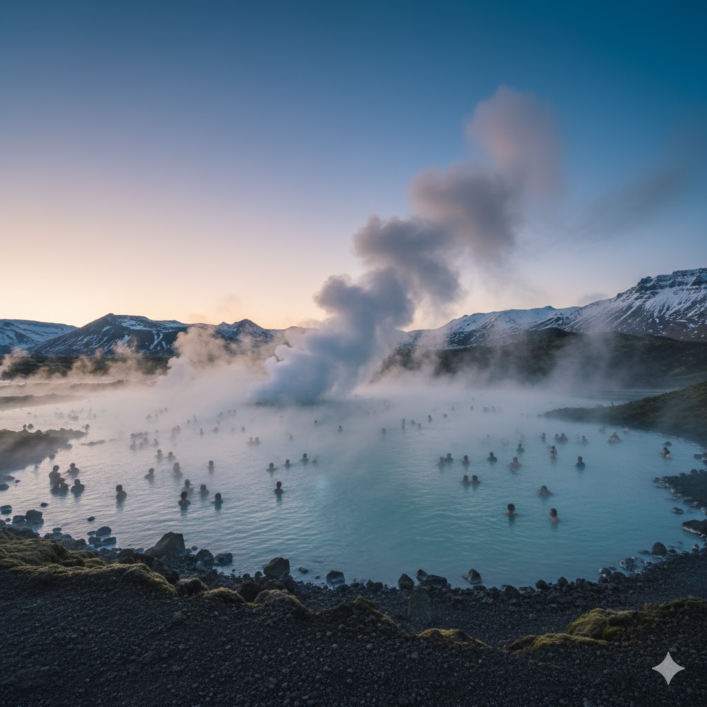 Iceland geothermal spa with steam rising around turquoise water and snowy mountains in the background Iceland geothermal spa with steam rising around turquoise water and snowy mountains in the background