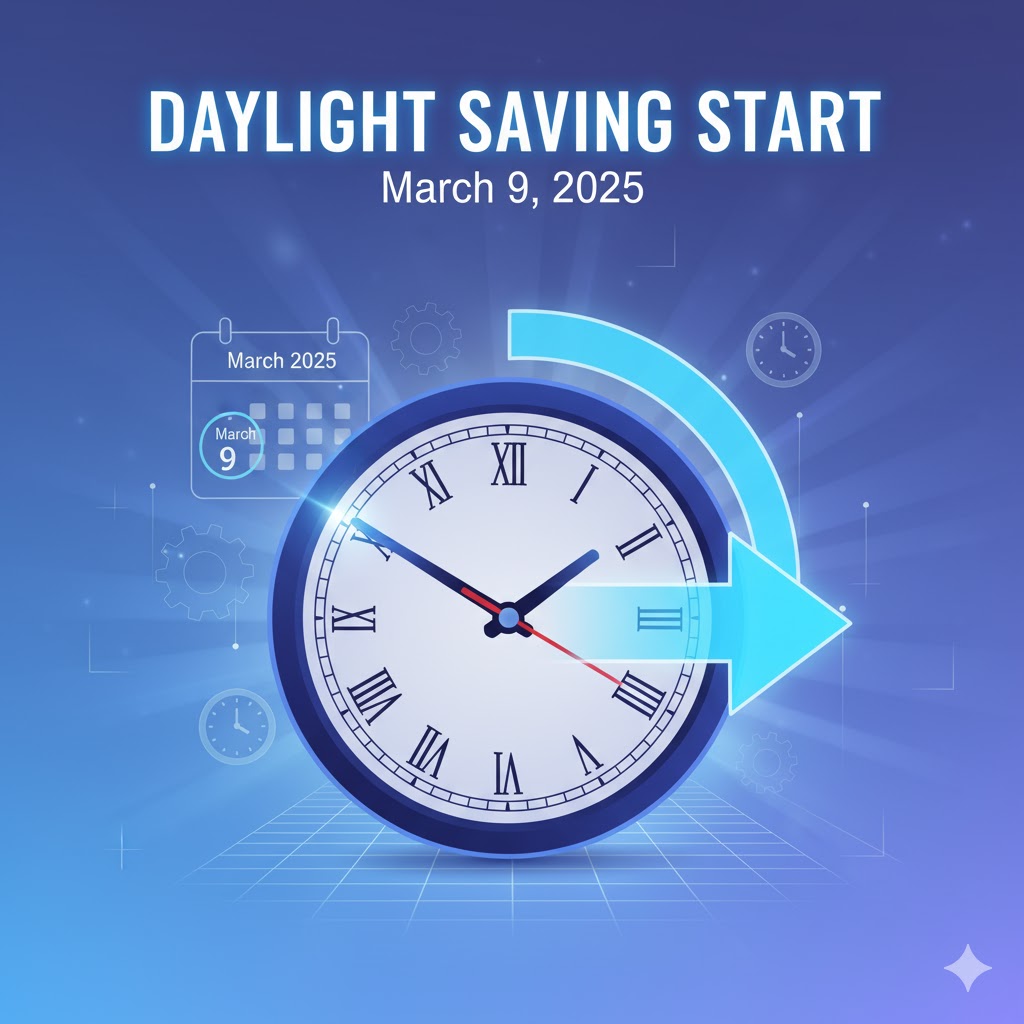 Illustration of clock moving forward one hour for daylight saving start in March 2025.