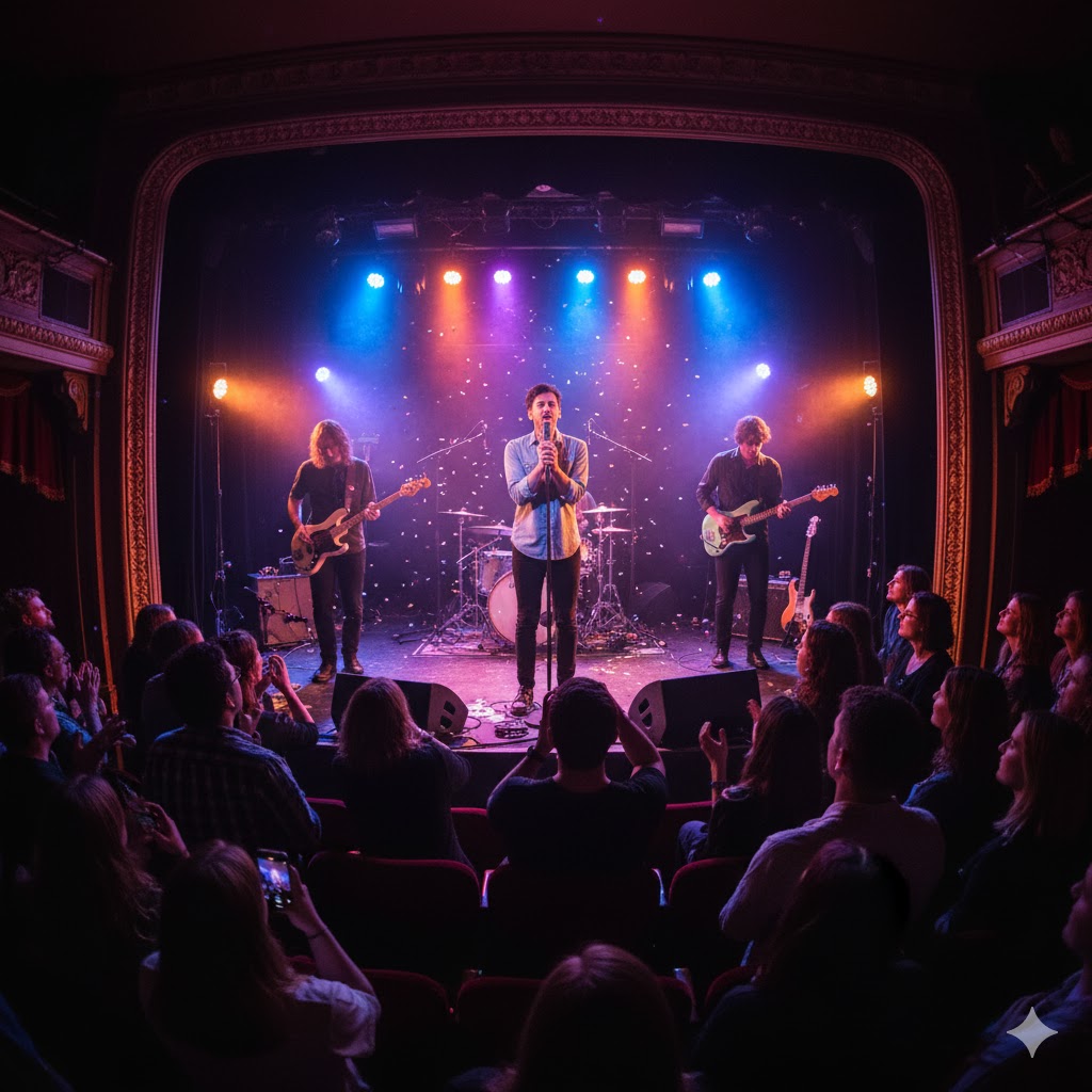 Indie band performing live at a small theatre with colorful stage lights.