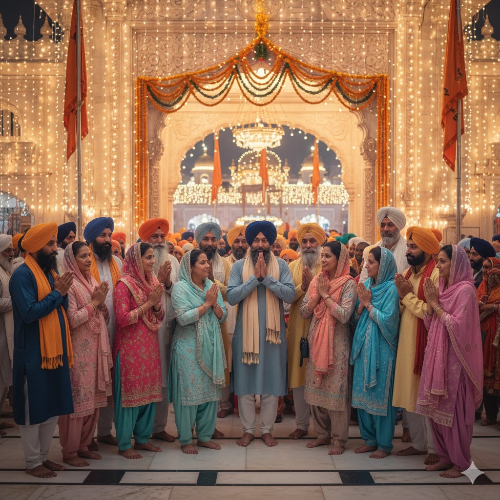 International pilgrims greeting each other warmly at the Gurdwara entrance during the festival 