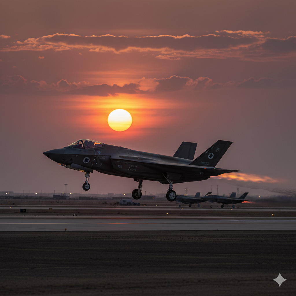 Israeli F-35I Adir jet on runway at dusk