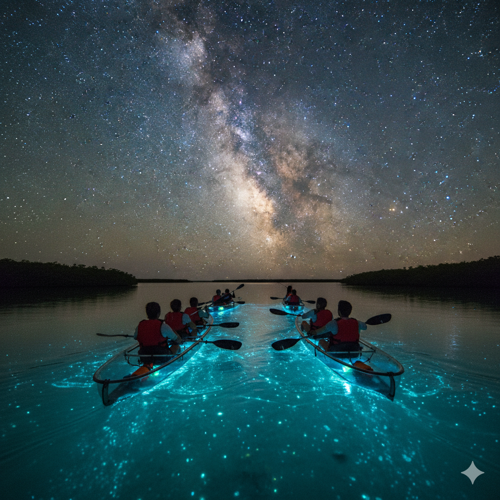 Kayaks creating glowing light trails in bioluminescent water in Puerto Rico