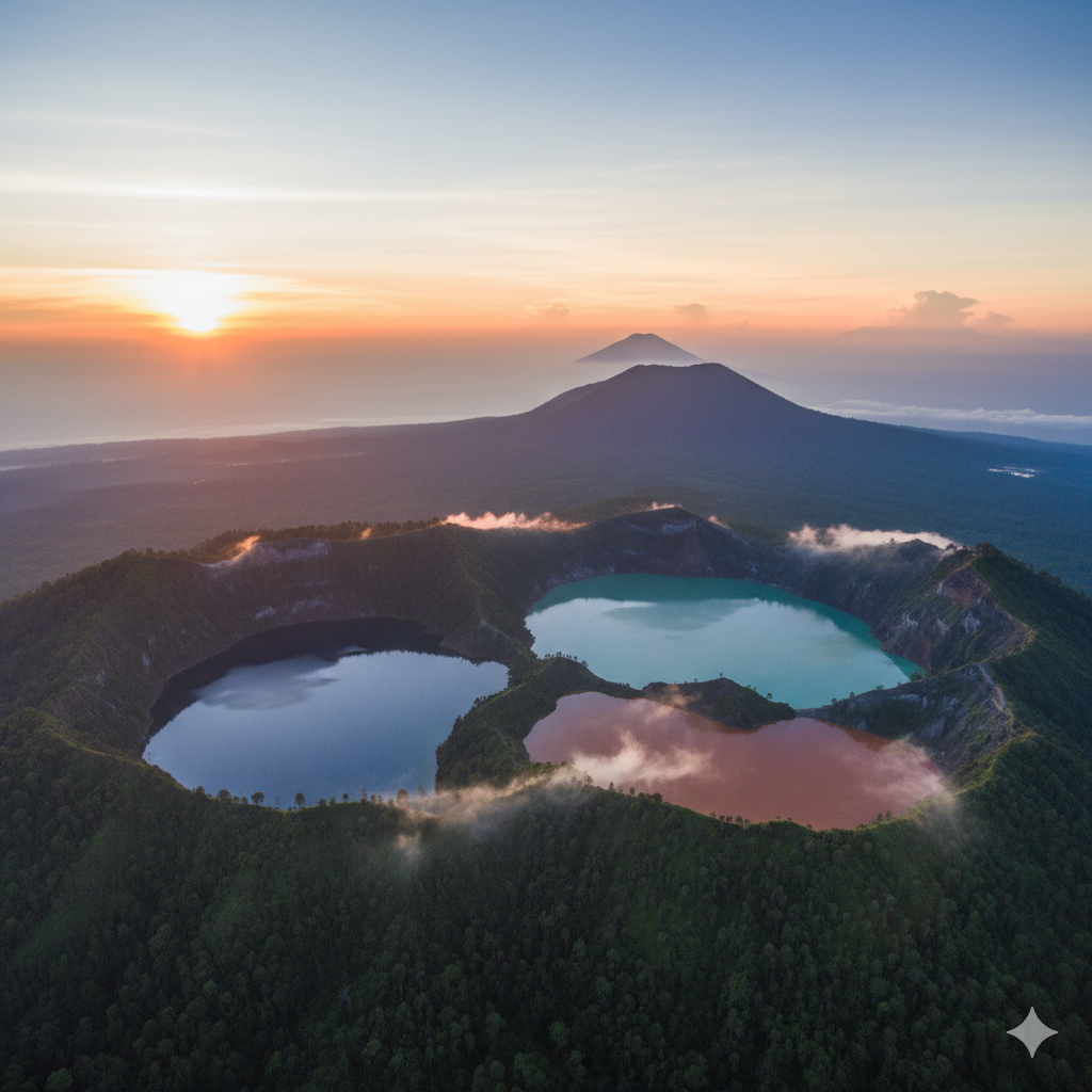 Kelimutu’s three color-changing crater lakes during sunrise in Flores, Indonesia
